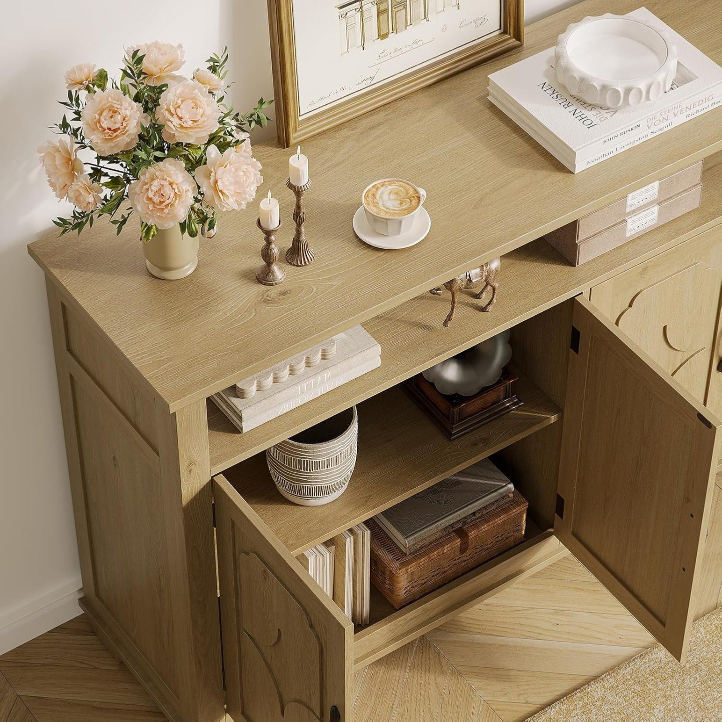 60 Inch Sideboard Buffet Cabinet With Open Storage