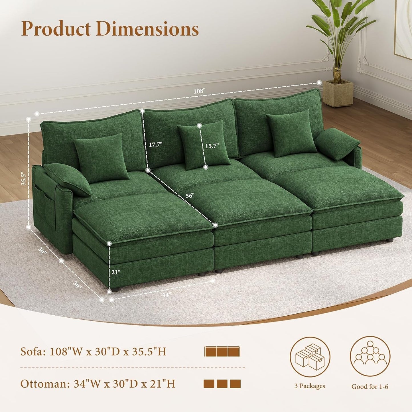 Green 108 Inch DeluxePlus Cloud Sleeper Sectional Sofa