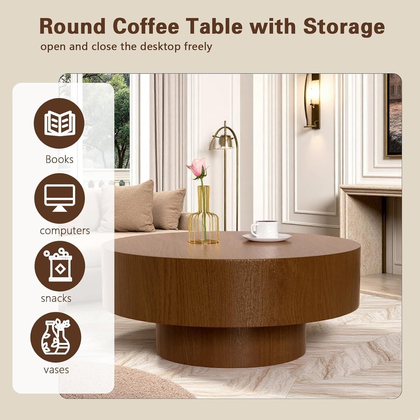 30.5Inch Circular Fluted Drum Coffee Table With Storage