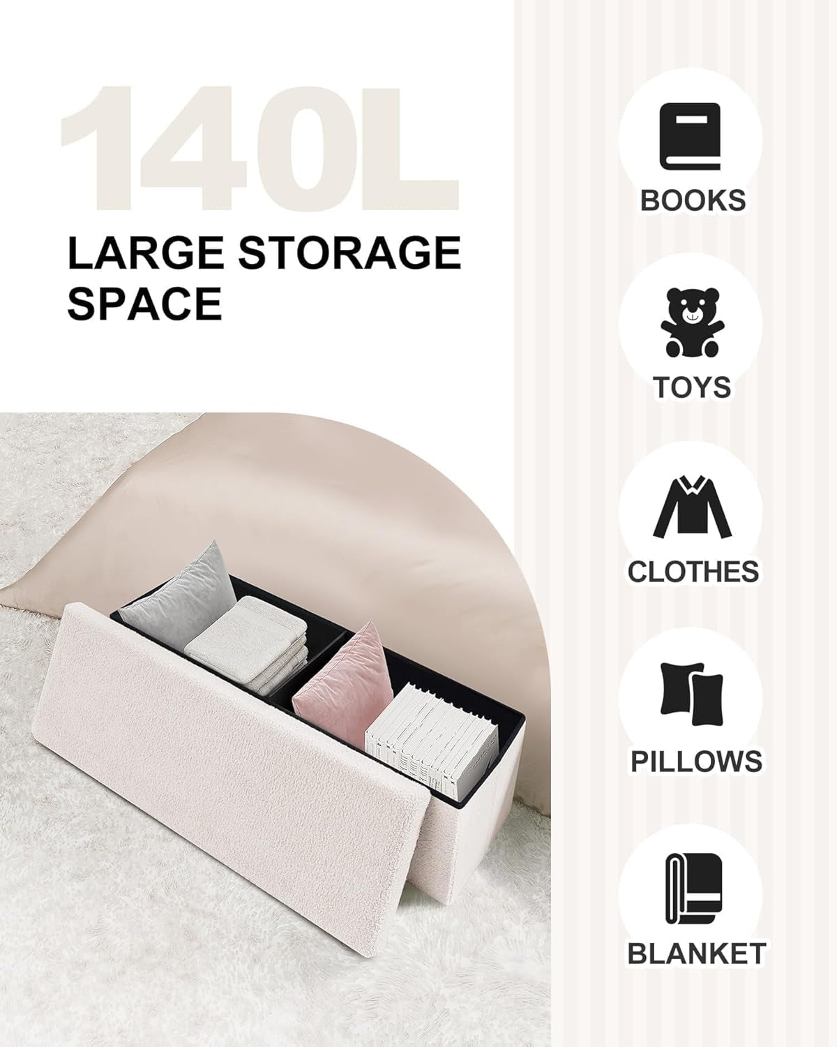 Cream White Faux Fur Storage Ottoman 43.3 Inch Dimensions