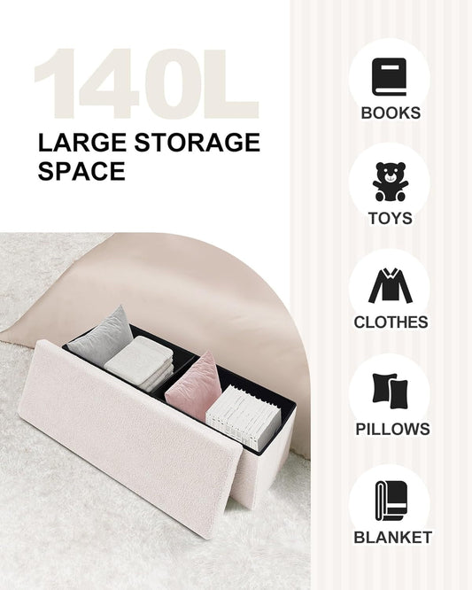 Cream White Faux Fur Storage Ottoman 43.3 Inch Dimensions