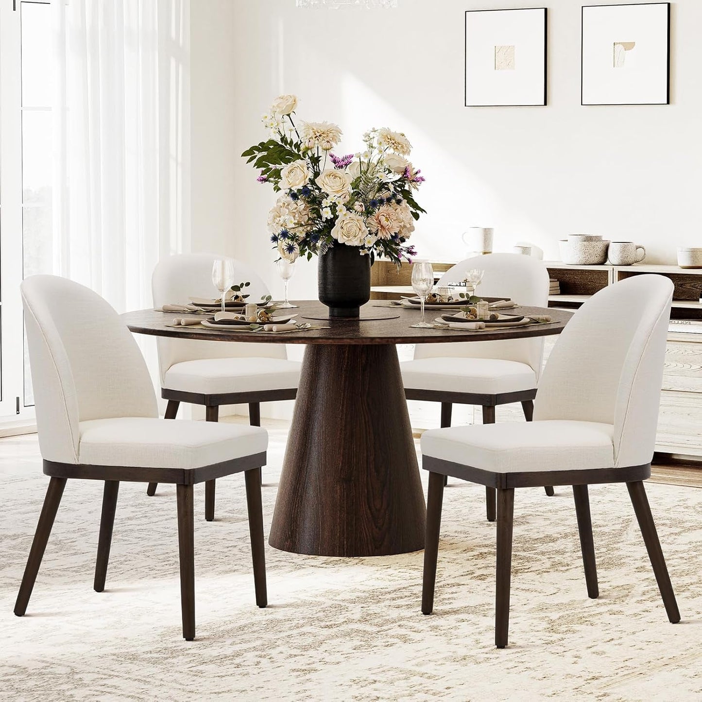 Beige Upholstered Dining Chairs Featuring Wood Frame