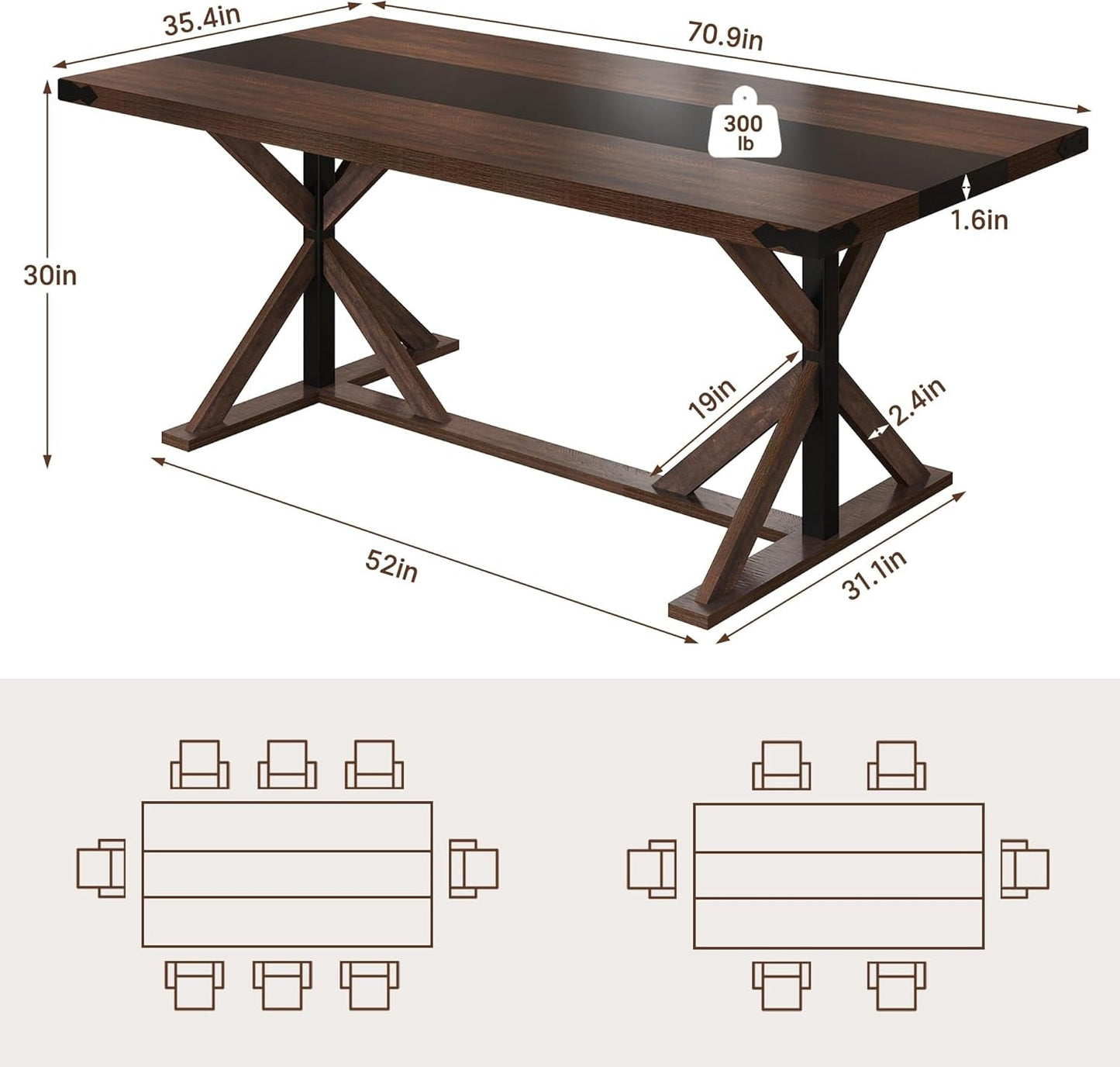 71 Inch Farmhouse Dining Table Waterproof Wood Grain Top