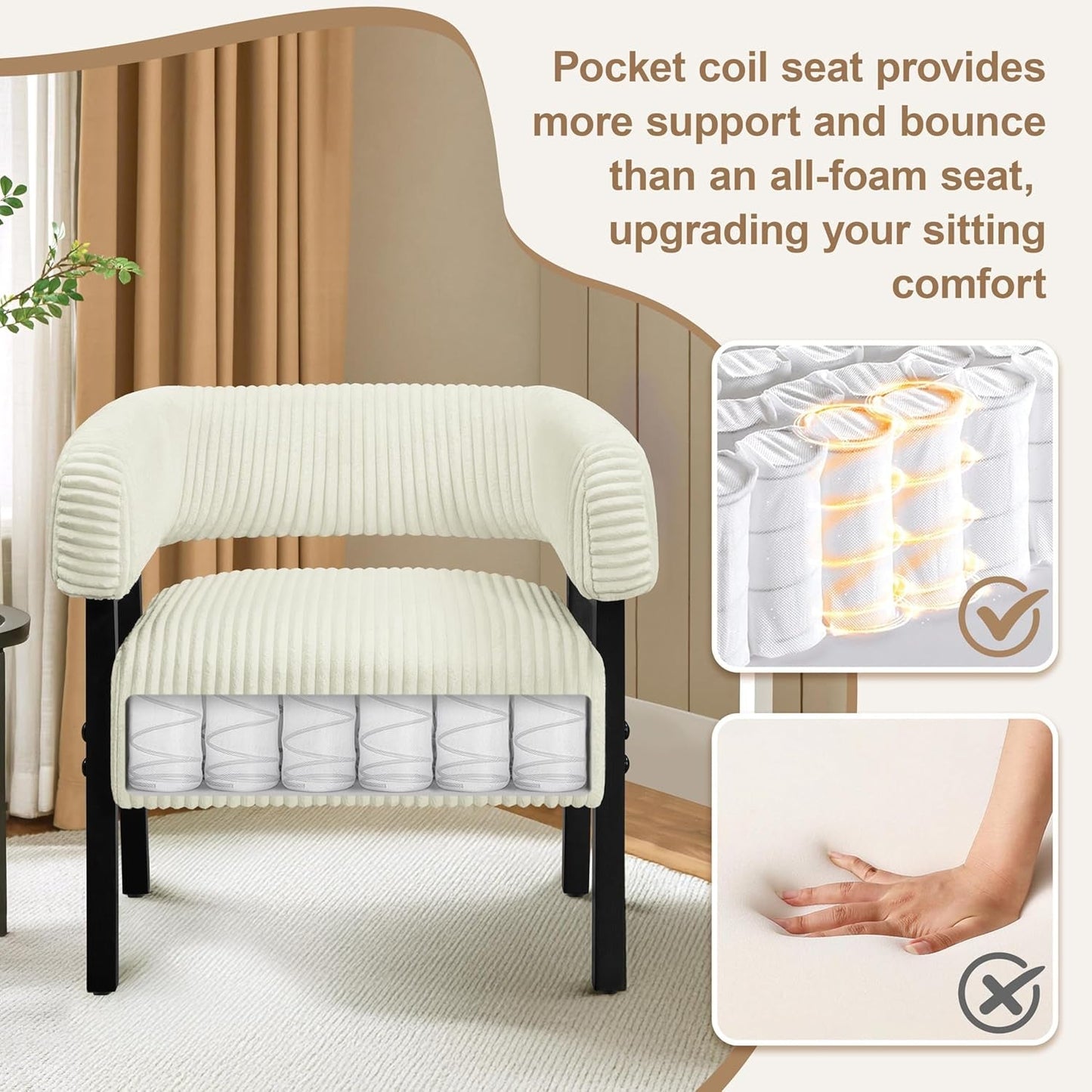 Beige Corduroy Barrel Chair With Pocket Coil Support