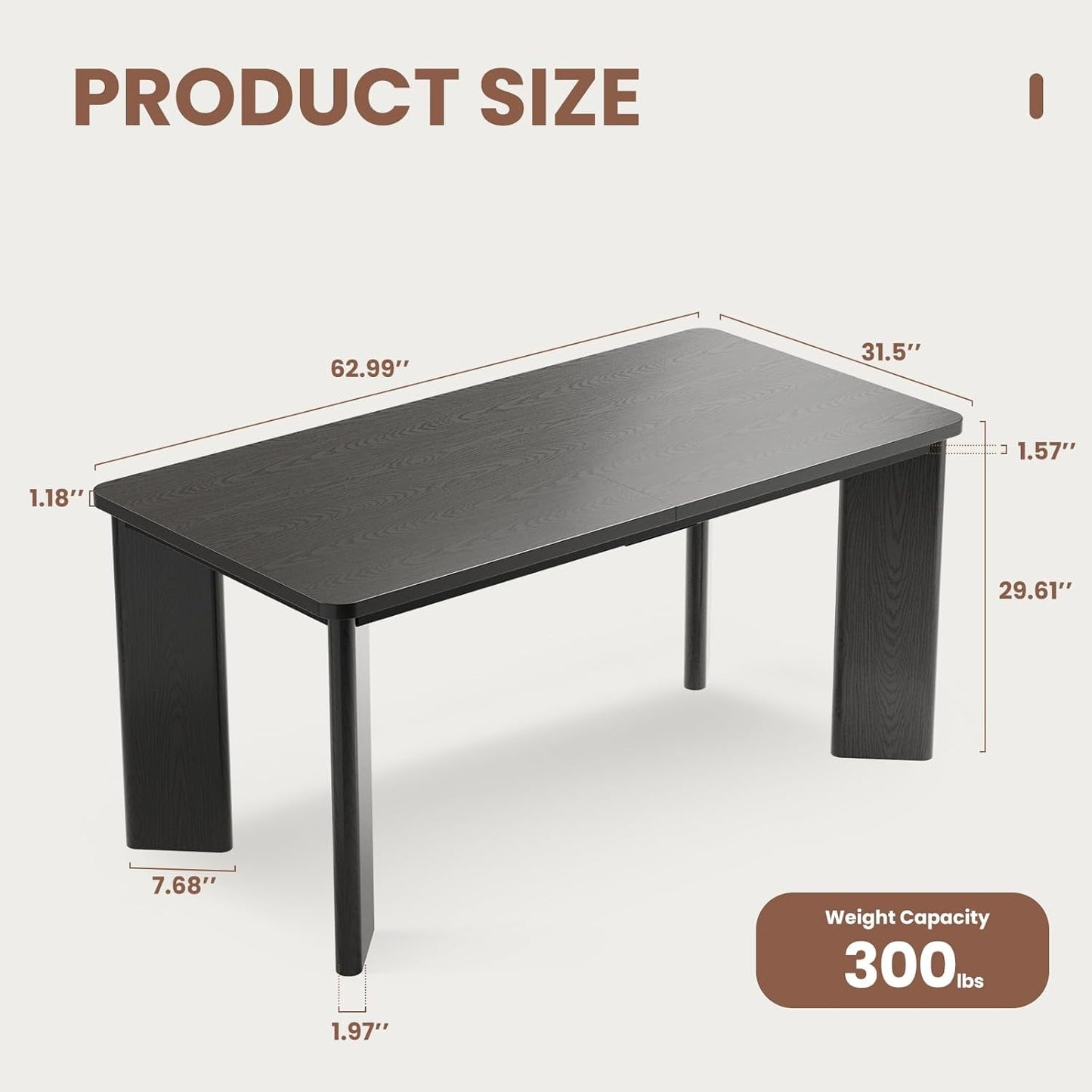 63 Inch Black Rectangular Dining Table Industrial Sturdy