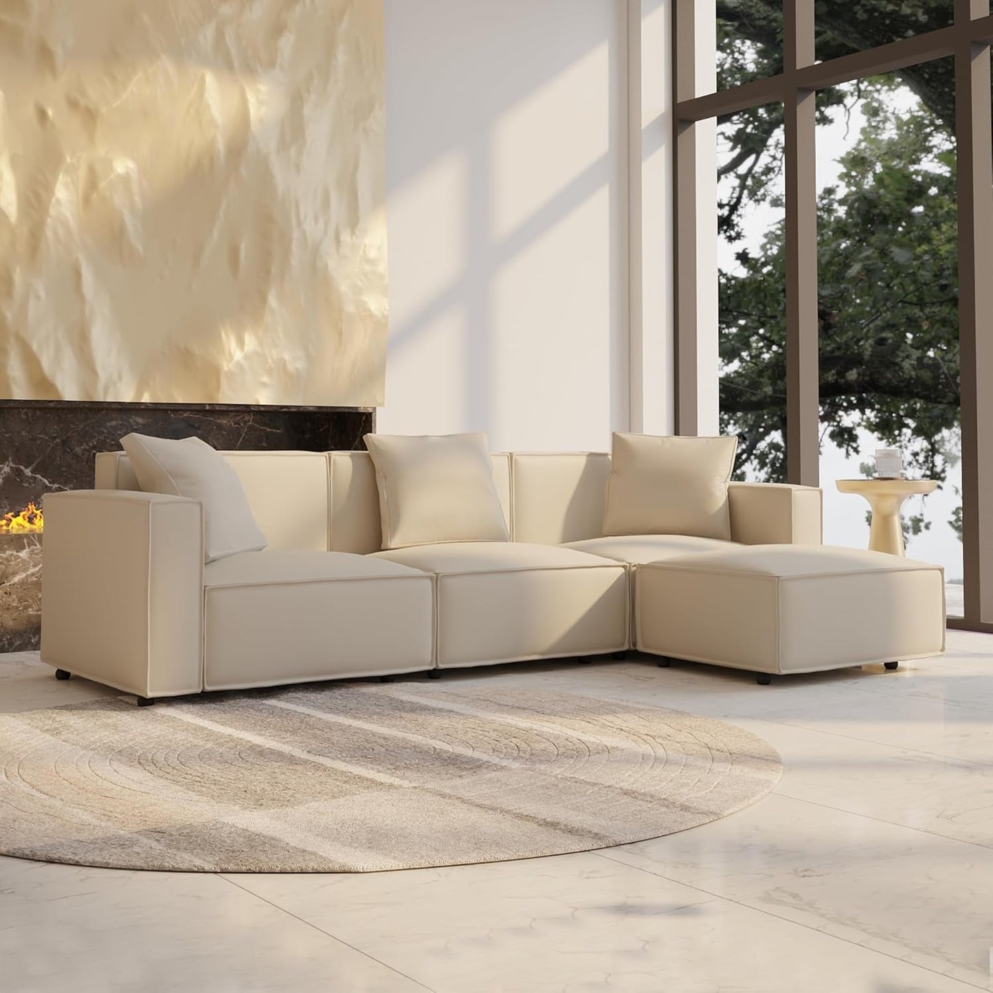 Cream Modular Sectional Sofa Set With Ottoman And Chaise