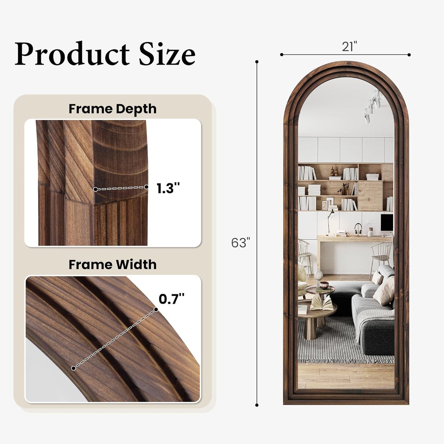 Arched Full Length Floor Mirror 63x21Inches Walnut