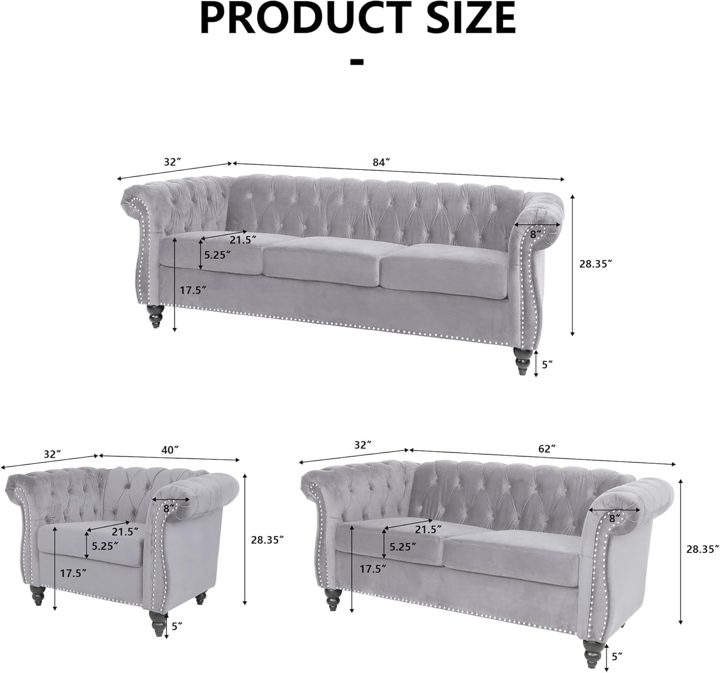 Three Piece Living Room Sofa Set Grey Velvet Chesterfield Sofa Club Chair Loveseat Nailhead Trim