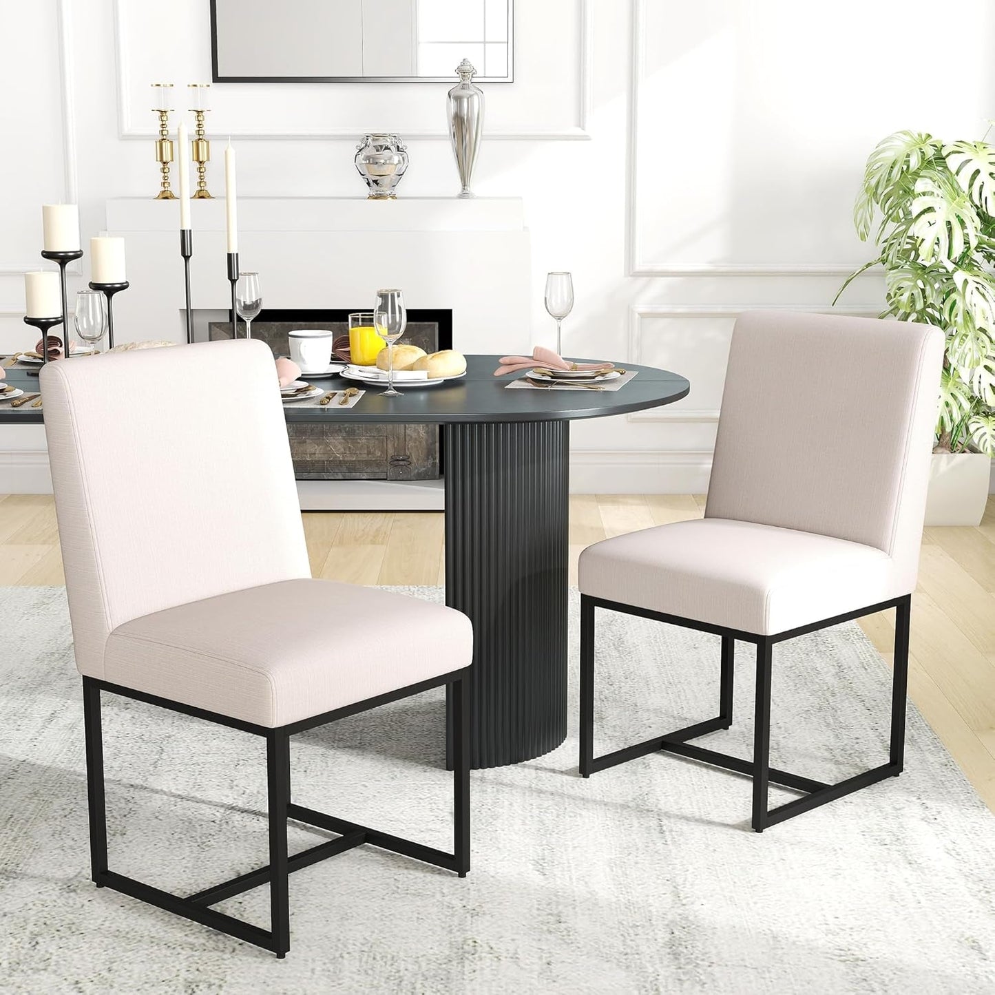 Cream Linen Upholstered Dining Chairs Midcentury Modern