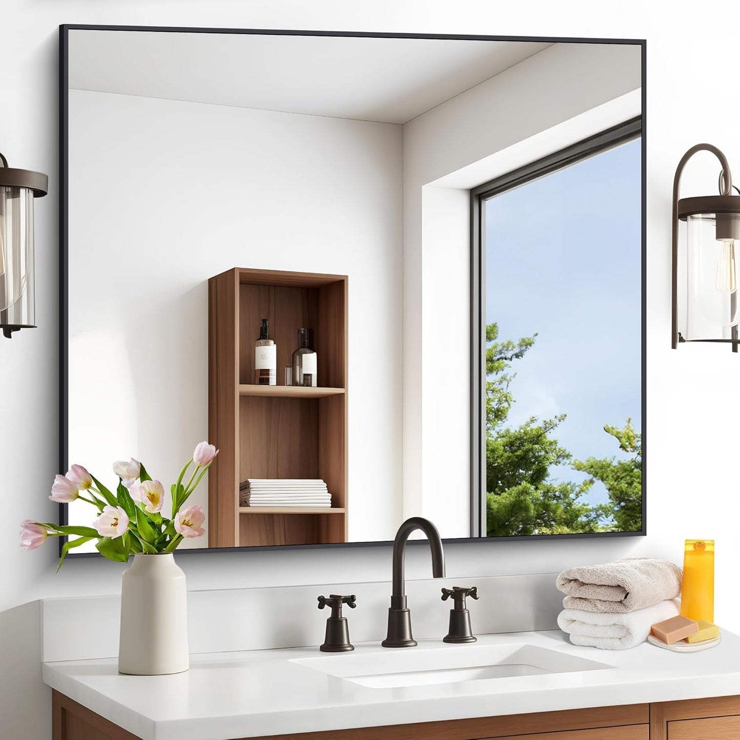 Black 36x40 Inches Rectangular Bathroom Vanity Mirror