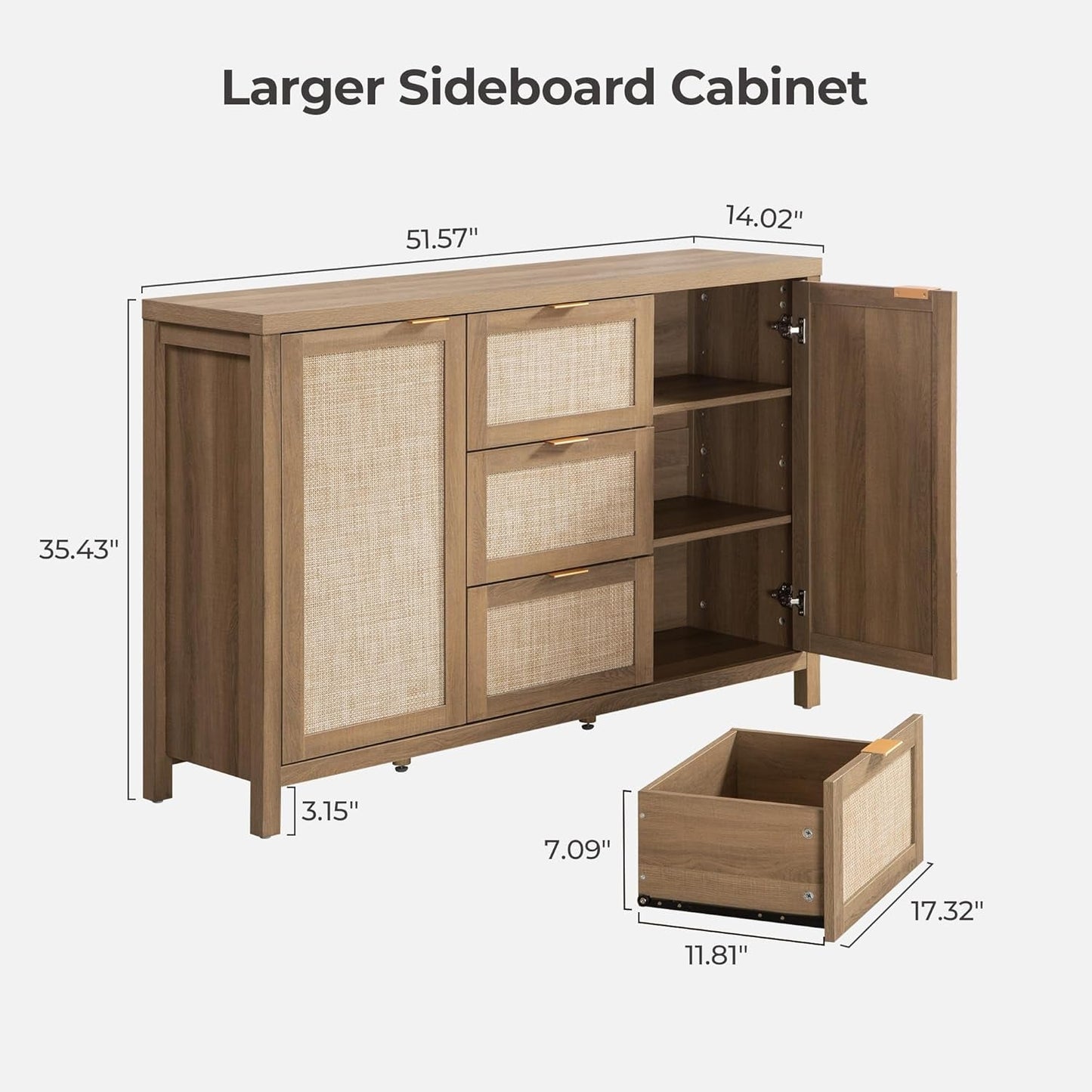 Caramel Oak Rattan Large Sideboard Buffet Storage Cabinet