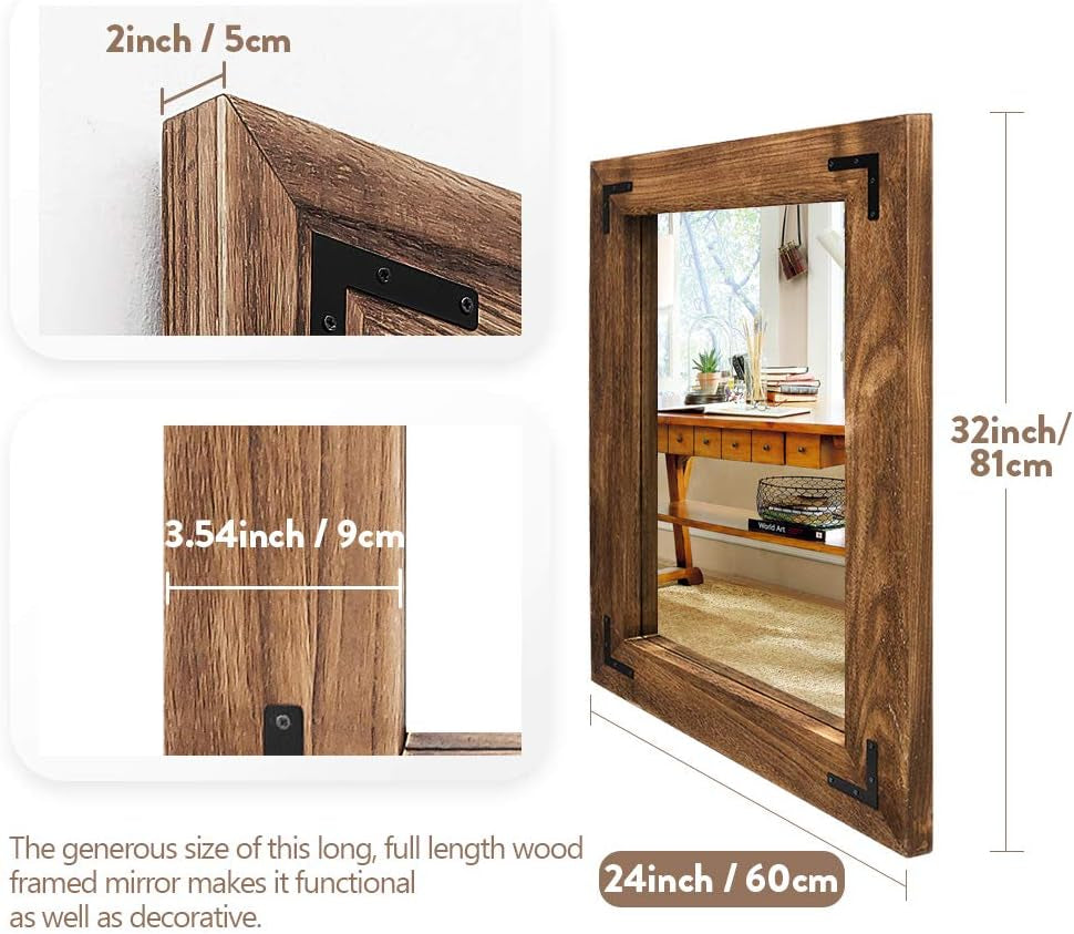 Rustic Wood Framed Wall Mirror 32 Inch Brown Vanity