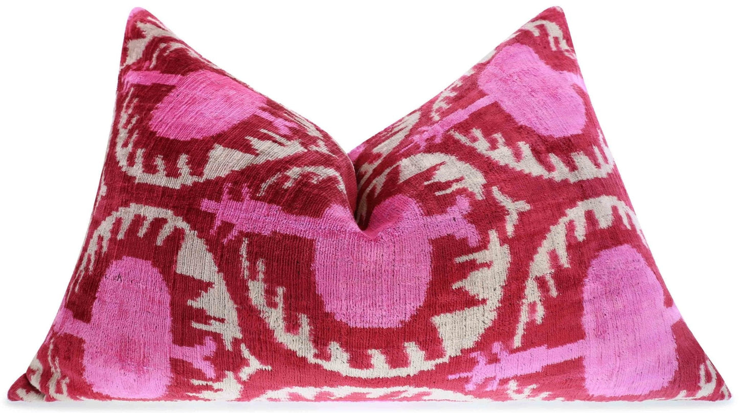 Handmade Velvet Lumbar Pillow in Red and Pink Ikat Floral Design - High-Quality 16x24 Inch Decorative Accent with Premium Down Feather Insert
