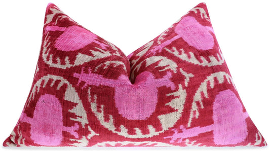 Handmade Velvet Lumbar Pillow in Red and Pink Ikat Floral Design - High-Quality 16x24 Inch Decorative Accent with Premium Down Feather Insert