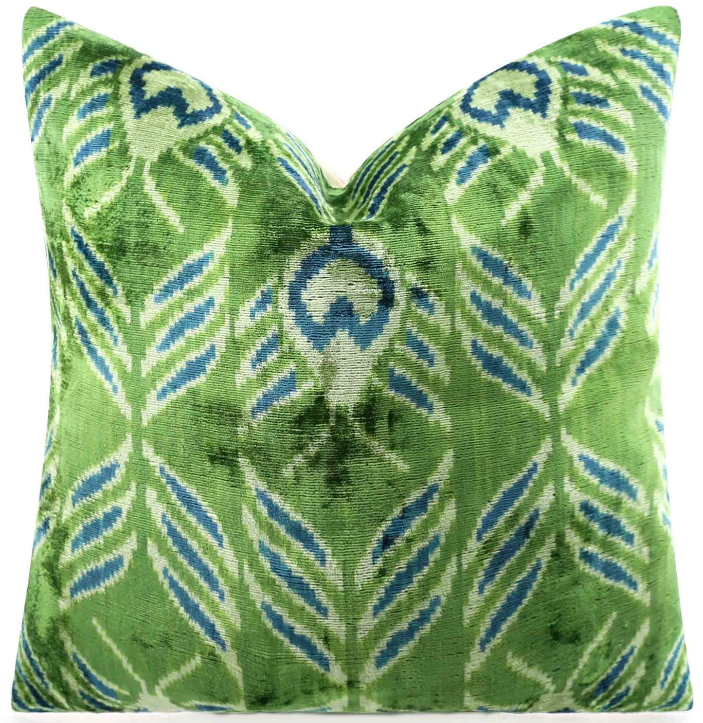 Handmade Velvet Throw Pillow with Green and Teal Ikat Design - High-Quality 20x20 Inch Decorative Accent with Premium Down Feather Insert