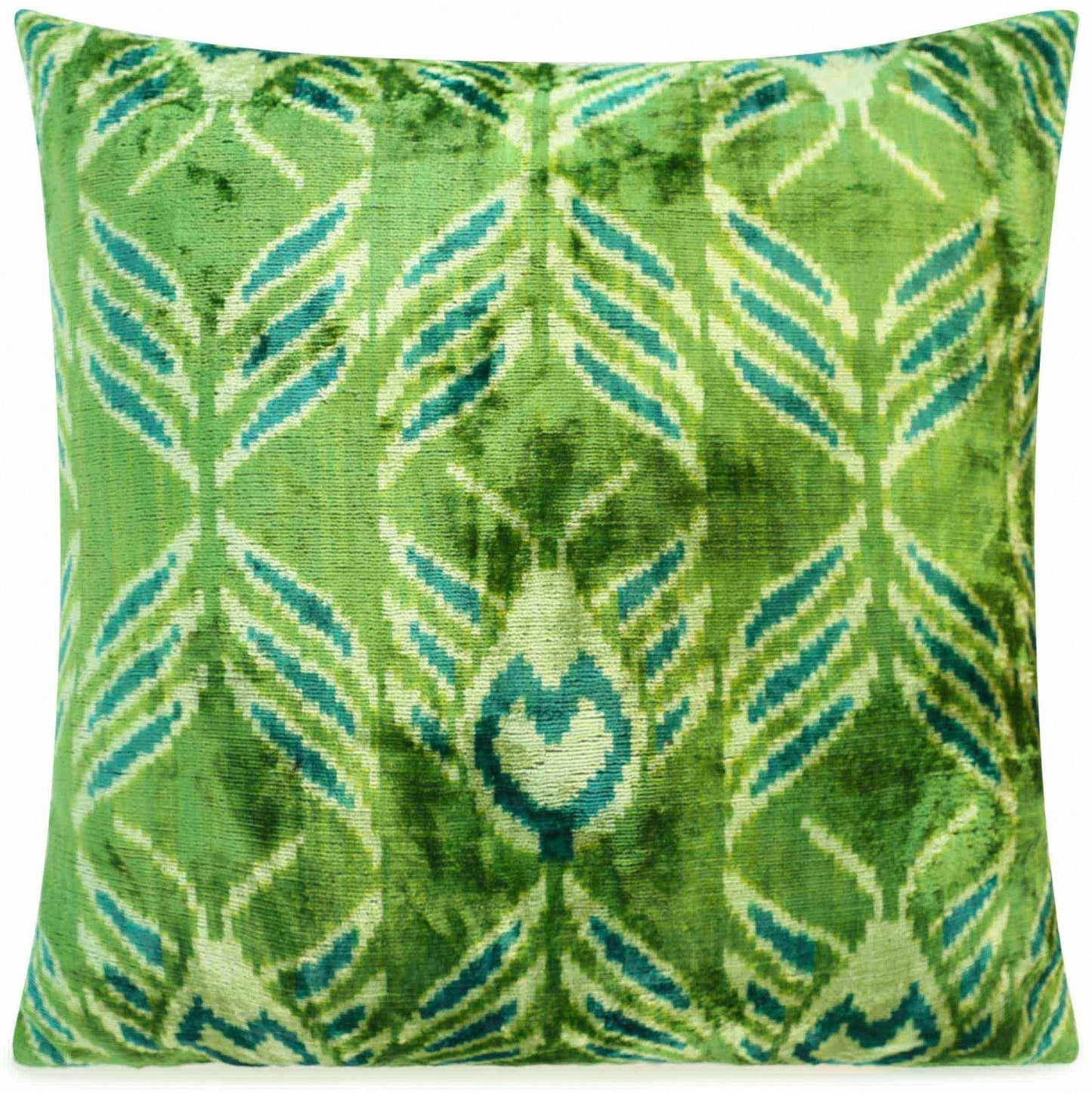 Handmade Velvet Throw Pillow with Green and Teal Ikat Design - High-Quality 20x20 Inch Decorative Accent with Premium Down Feather Insert