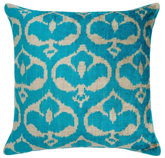 Handmade Velvet Throw Pillow with Turquoise and Beige Ikat Design - High-Quality 20x20 Inch Decorative Accent with Premium Down Feather Insert for Sofas, Couches, and Interior Design