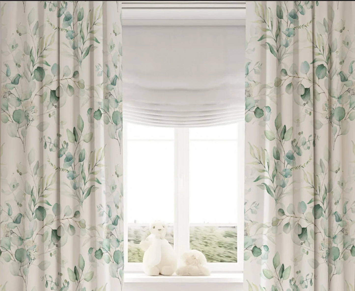 Botanical Linen Curtains - Pinch Pleat Window Drapes - Leaf Print for Living Room & Bedroom