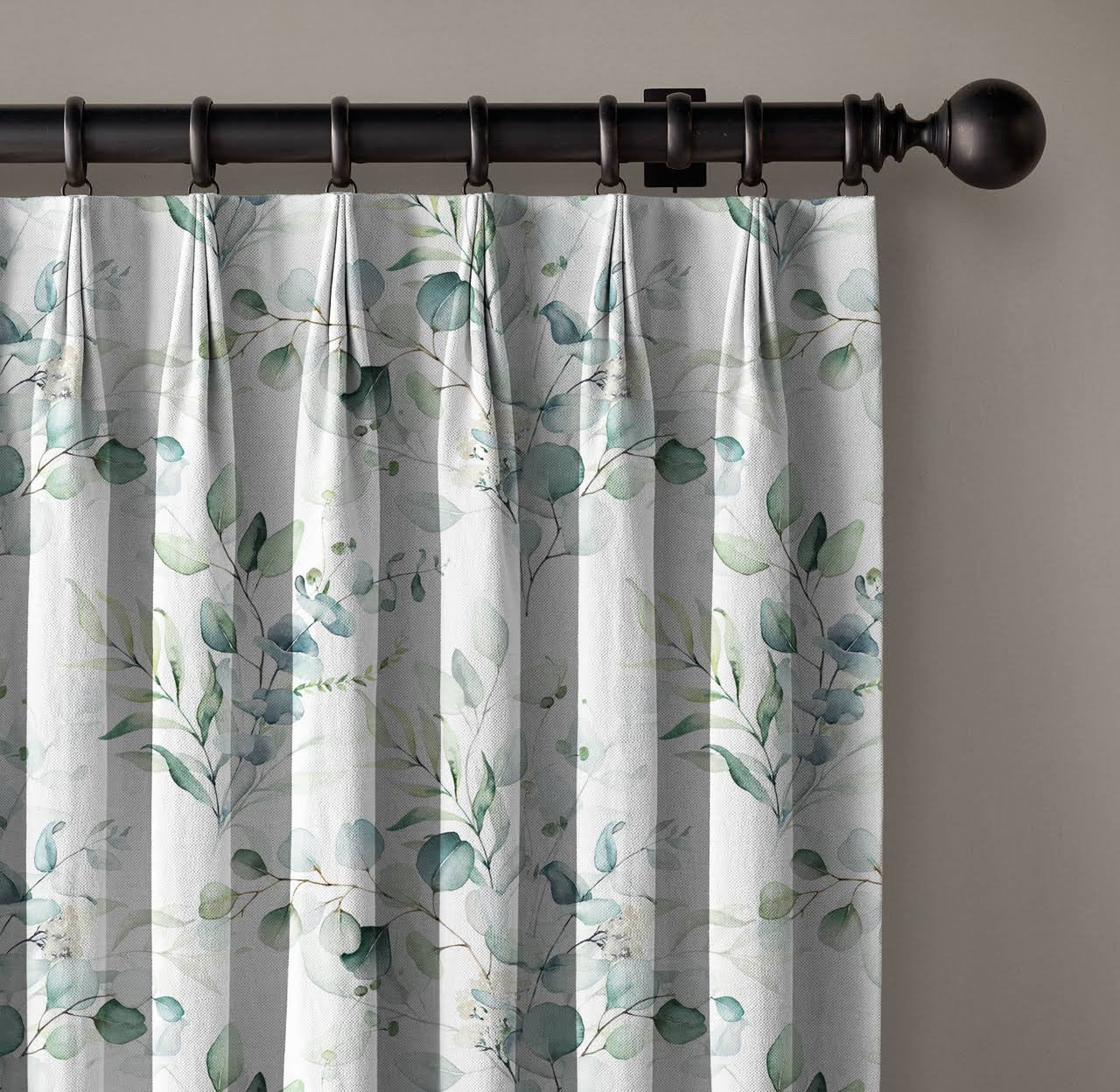 Botanical Linen Curtains - Pinch Pleat Window Drapes - Leaf Print for Living Room & Bedroom