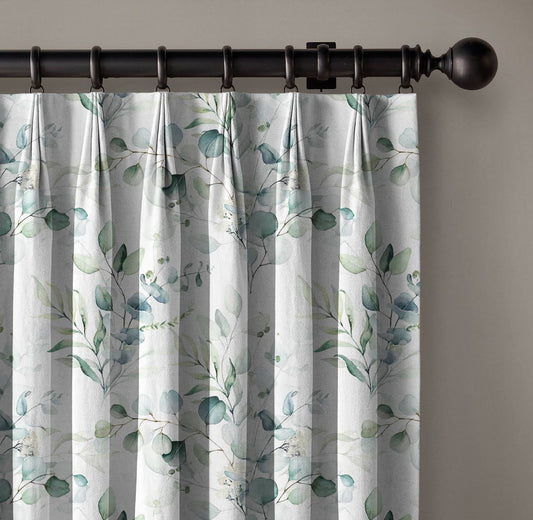 Botanical Linen Curtains - Pinch Pleat Window Drapes - Leaf Print for Living Room & Bedroom