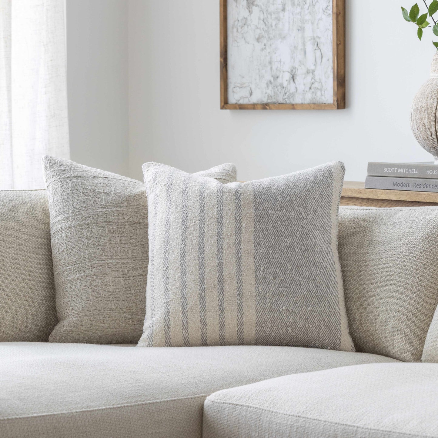 Cavira Beige Raised Curved Stitch Modern Cotton Accent Pillow