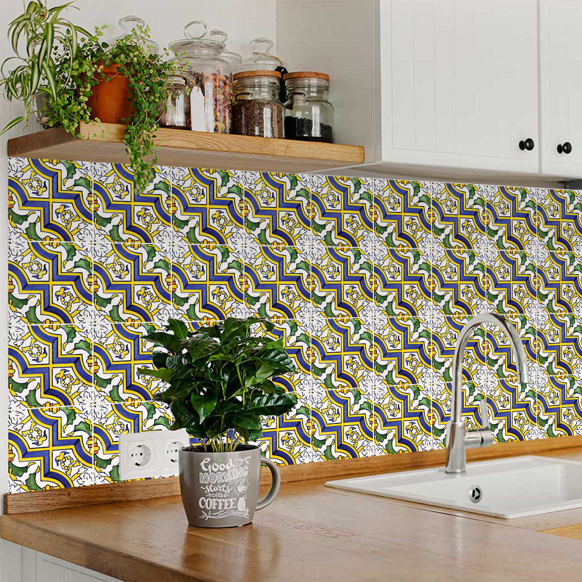 Blue and Yellow Backsplash Beautiful Vintage pattern Tile Stickers Model - V12