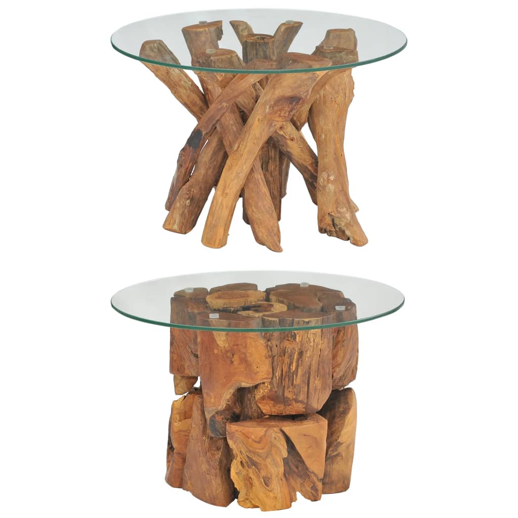 vidaXL Coffee Table Round End Table with Glass Tabletop Solid Teak Driftwood