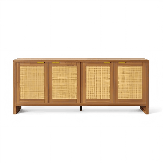 Vektaya US-SC011-WA 61.5" Rattan TV Stand for TVs up to 65", 4-Door, Walnut